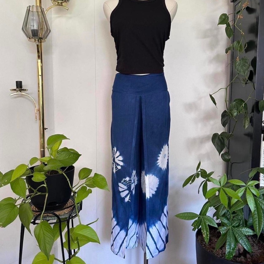 Indigo Blue White Tie Dye Wide Leg Flowy Yoga Pants XS Small